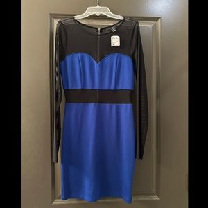 Blue dress with black sheet accents